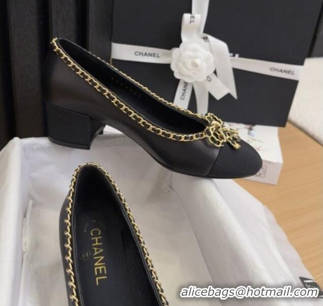Durable Chanel Calfskin Pumps with Chain Bow Black 2025 CH041605