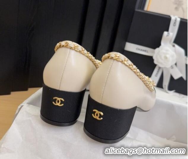 Top Design Chanel Calfskin Pumps with Chain Bow White 2025 CH041605