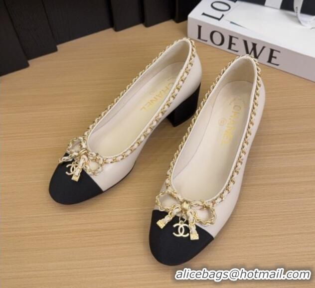 Top Design Chanel Calfskin Pumps with Chain Bow White 2025 CH041605