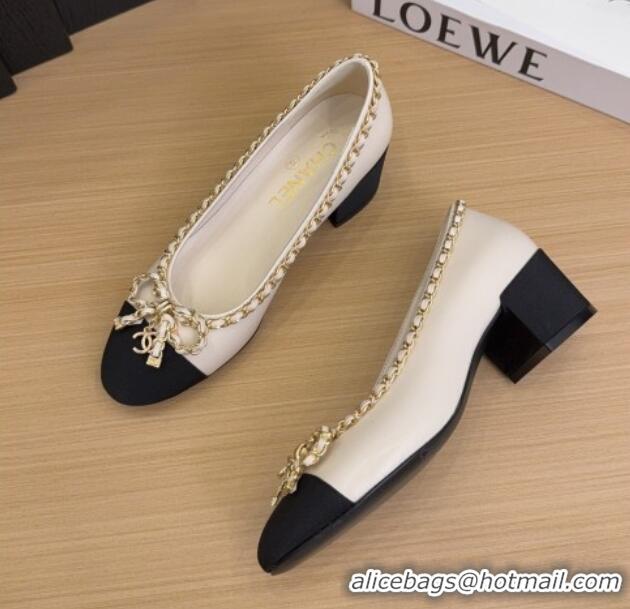 Top Design Chanel Calfskin Pumps with Chain Bow White 2025 CH041605