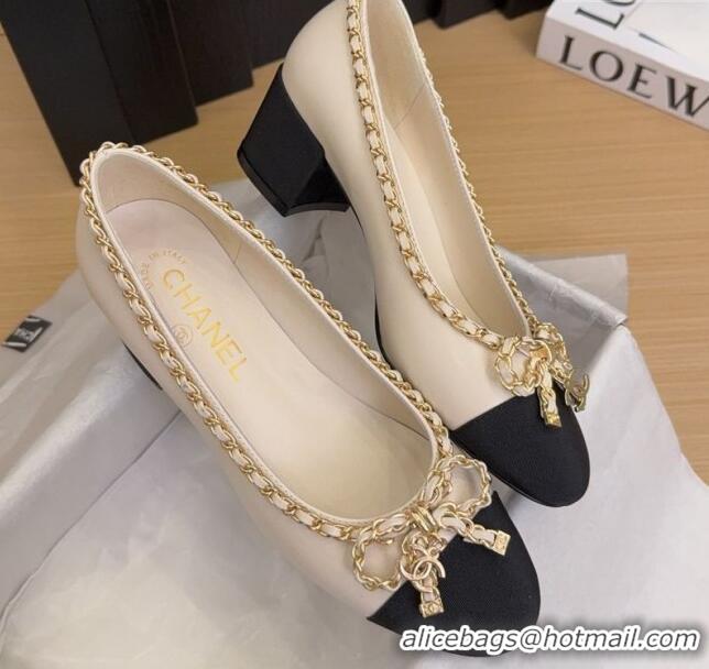 Top Design Chanel Calfskin Pumps with Chain Bow White 2025 CH041605
