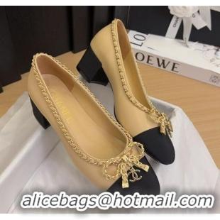 Duplicate Chanel Calfskin Pumps with Chain Bow Beige 2025 CH041605