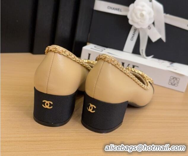 Duplicate Chanel Calfskin Pumps with Chain Bow Beige 2025 CH041605