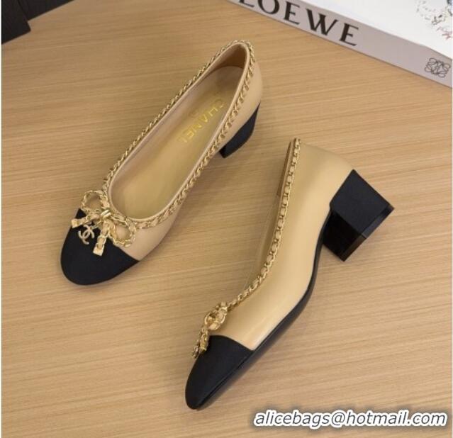 Duplicate Chanel Calfskin Pumps with Chain Bow Beige 2025 CH041605