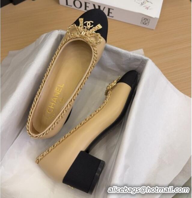 Duplicate Chanel Calfskin Pumps with Chain Bow Beige 2025 CH041605