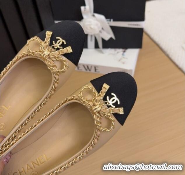 Duplicate Chanel Calfskin Pumps with Chain Bow Beige 2025 CH041605