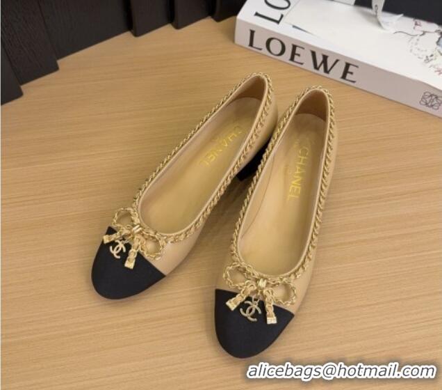 Duplicate Chanel Calfskin Pumps with Chain Bow Beige 2025 CH041605
