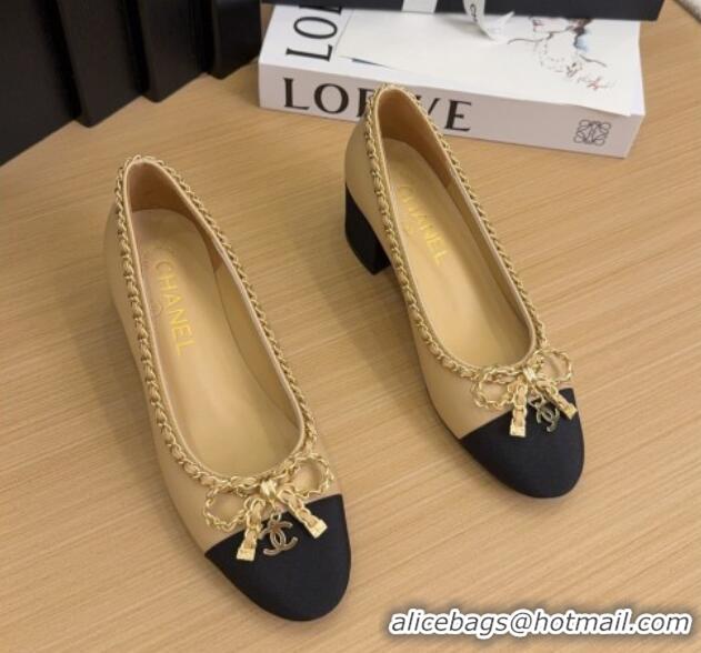 Duplicate Chanel Calfskin Pumps with Chain Bow Beige 2025 CH041605