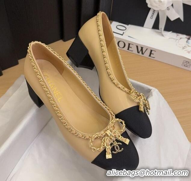 Duplicate Chanel Calfskin Pumps with Chain Bow Beige 2025 CH041605