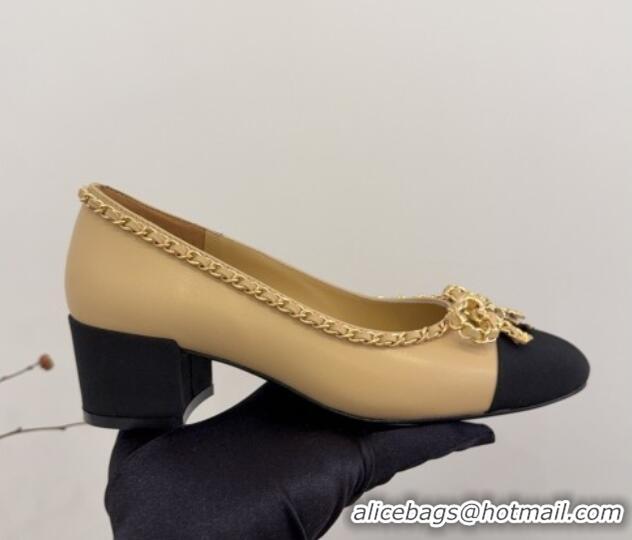 Duplicate Chanel Calfskin Pumps with Chain Bow Beige 2025 CH041605