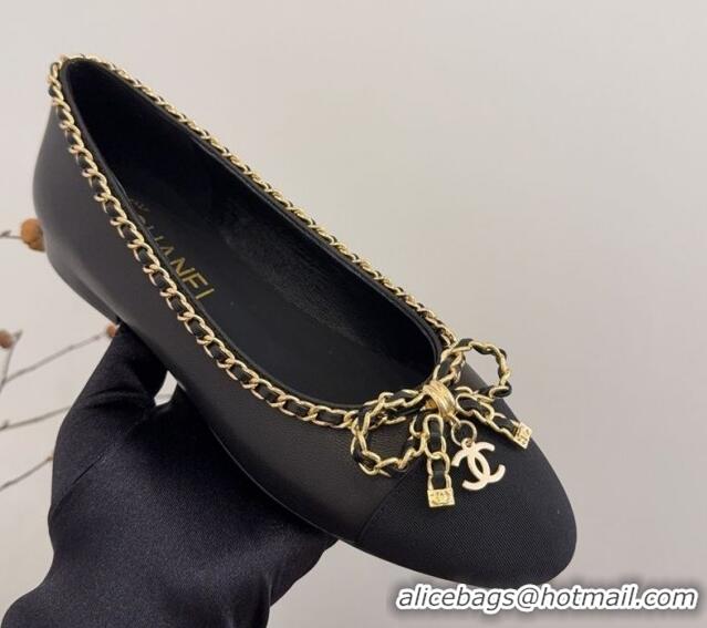 Cheap Price Chanel Calfskin Ballet Flats with Chain Bow Black 2025 CH041605