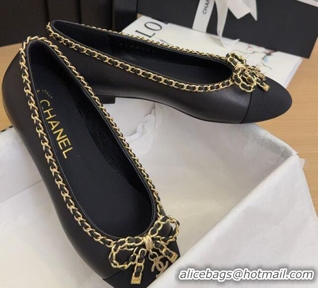 Cheap Price Chanel Calfskin Ballet Flats with Chain Bow Black 2025 CH041605