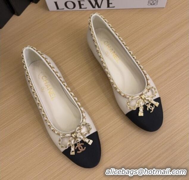 Stylish Chanel Calfskin Ballet Flats with Chain Bow White 2025 CH041605