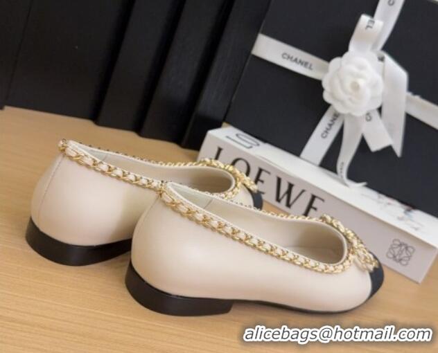Stylish Chanel Calfskin Ballet Flats with Chain Bow White 2025 CH041605