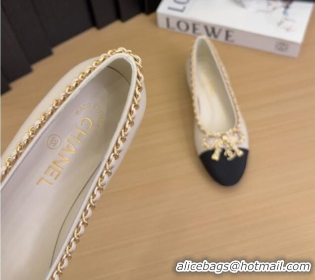 Stylish Chanel Calfskin Ballet Flats with Chain Bow White 2025 CH041605