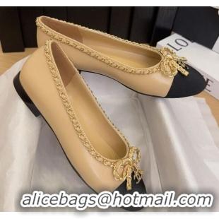 Shop Duplicate Chanel Calfskin Ballet Flats with Chain Bow Beige 2025 CH041605