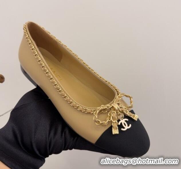 Shop Duplicate Chanel Calfskin Ballet Flats with Chain Bow Beige 2025 CH041605