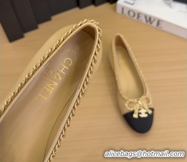 Shop Duplicate Chanel Calfskin Ballet Flats with Chain Bow Beige 2025 CH041605