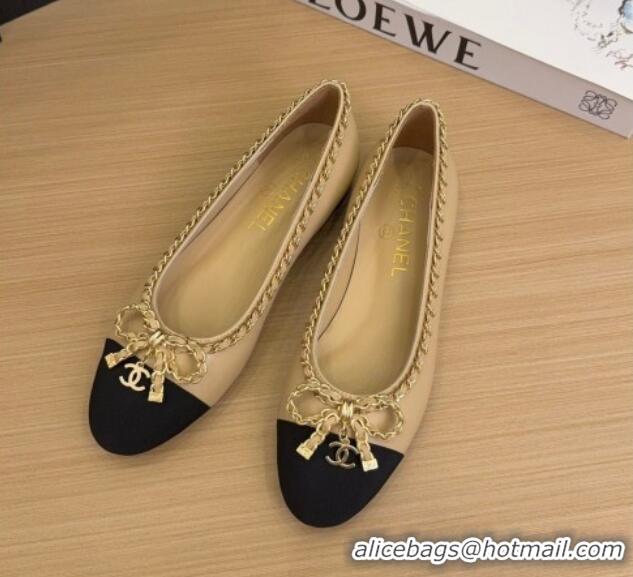 Shop Duplicate Chanel Calfskin Ballet Flats with Chain Bow Beige 2025 CH041605