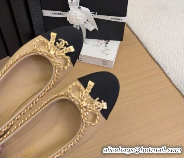 Shop Duplicate Chanel Calfskin Ballet Flats with Chain Bow Beige 2025 CH041605