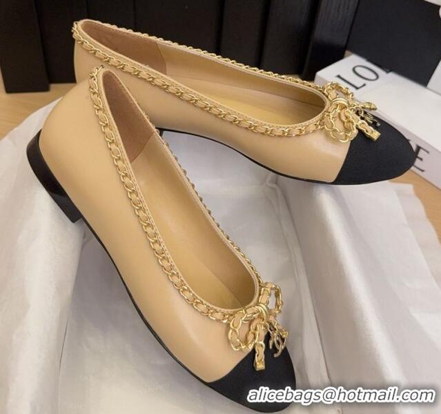 Shop Duplicate Chanel Calfskin Ballet Flats with Chain Bow Beige 2025 CH041605