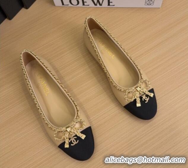 Shop Duplicate Chanel Calfskin Ballet Flats with Chain Bow Beige 2025 CH041605