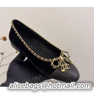 Trendy Design Chanel Velvet Ballet Flats with Chain Bow Black 2025 CH041605