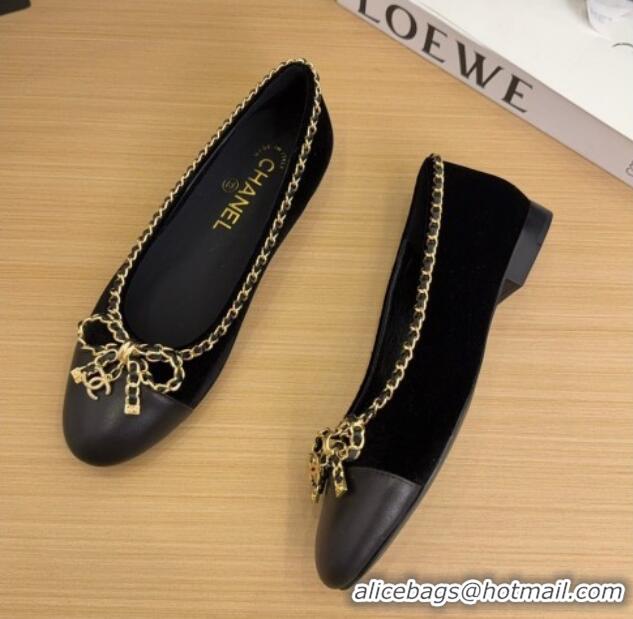 Trendy Design Chanel Velvet Ballet Flats with Chain Bow Black 2025 CH041605