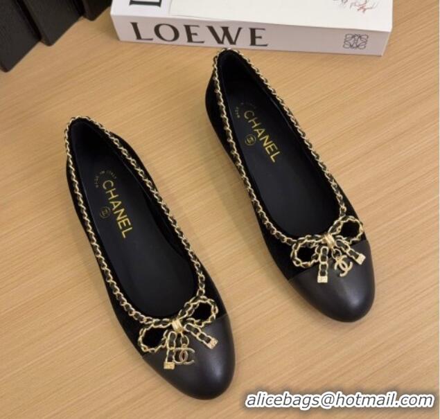 Trendy Design Chanel Velvet Ballet Flats with Chain Bow Black 2025 CH041605