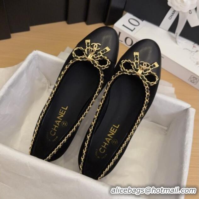 Trendy Design Chanel Velvet Ballet Flats with Chain Bow Black 2025 CH041605