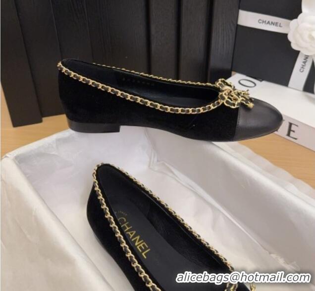 Trendy Design Chanel Velvet Ballet Flats with Chain Bow Black 2025 CH041605