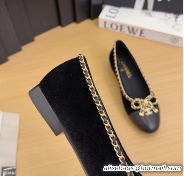 Trendy Design Chanel Velvet Ballet Flats with Chain Bow Black 2025 CH041605