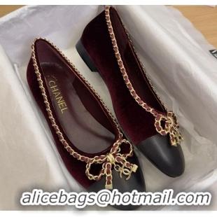 Hot Style Chanel Velvet Ballet Flats with Chain Bow Burgundy 2025 CH041605