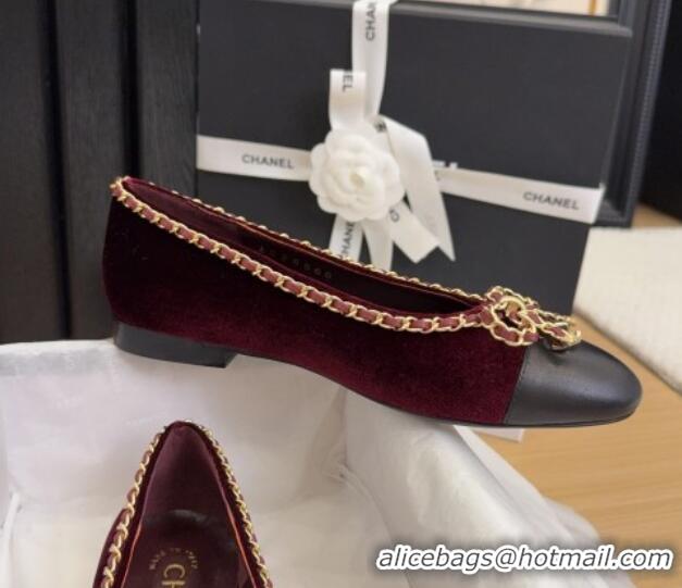 Hot Style Chanel Velvet Ballet Flats with Chain Bow Burgundy 2025 CH041605