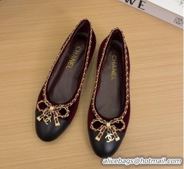 Hot Style Chanel Velvet Ballet Flats with Chain Bow Burgundy 2025 CH041605