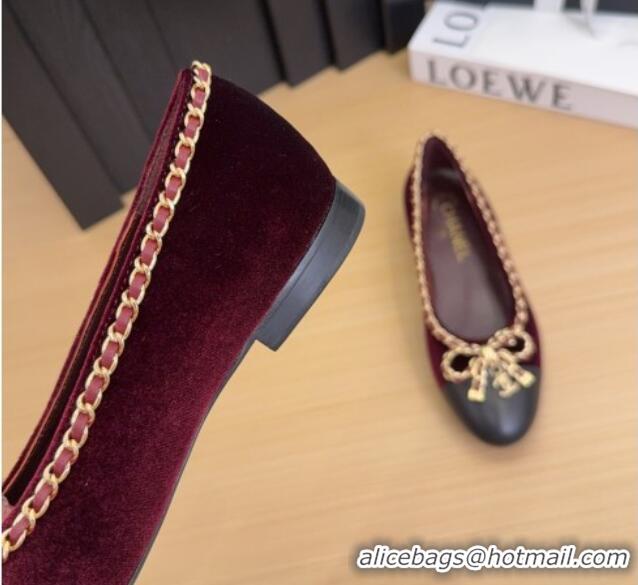 Hot Style Chanel Velvet Ballet Flats with Chain Bow Burgundy 2025 CH041605