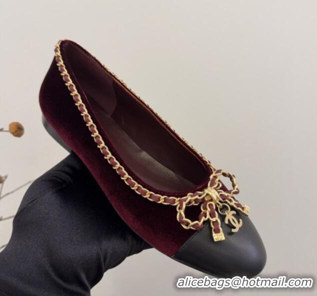 Hot Style Chanel Velvet Ballet Flats with Chain Bow Burgundy 2025 CH041605