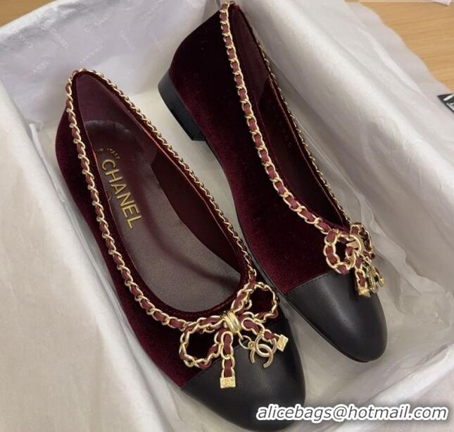 Hot Style Chanel Velvet Ballet Flats with Chain Bow Burgundy 2025 CH041605