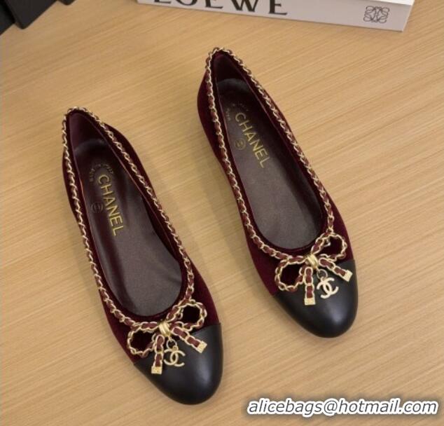 Hot Style Chanel Velvet Ballet Flats with Chain Bow Burgundy 2025 CH041605