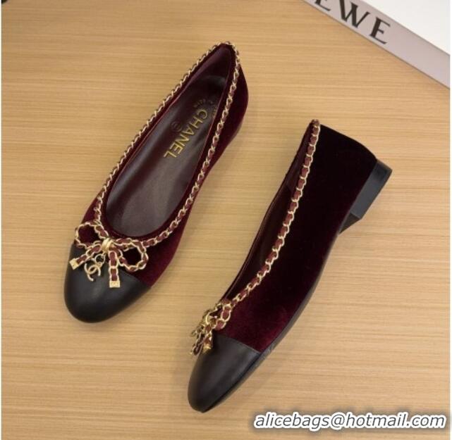 Hot Style Chanel Velvet Ballet Flats with Chain Bow Burgundy 2025 CH041605