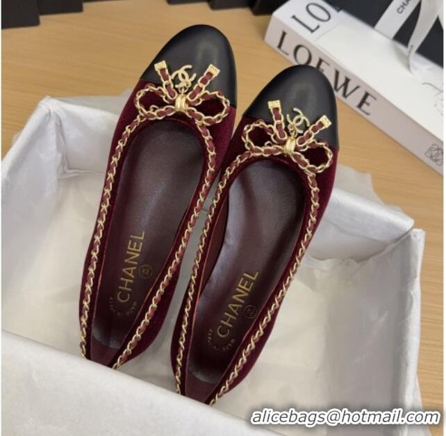 Hot Style Chanel Velvet Ballet Flats with Chain Bow Burgundy 2025 CH041605