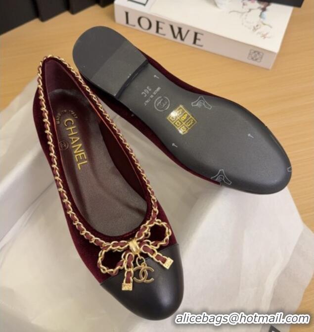 Hot Style Chanel Velvet Ballet Flats with Chain Bow Burgundy 2025 CH041605