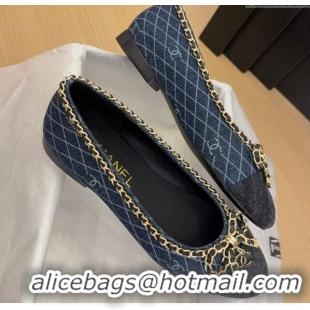 Luxury Chanel Quilted Denim Ballet Flats with Chain Bow Dark Blue 2025 CH041605