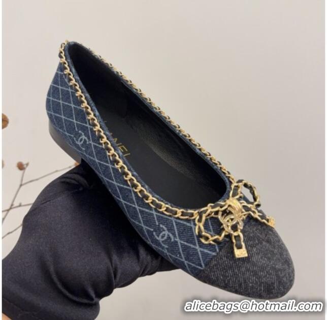 Luxury Chanel Quilted Denim Ballet Flats with Chain Bow Dark Blue 2025 CH041605