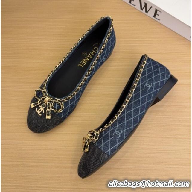 Luxury Chanel Quilted Denim Ballet Flats with Chain Bow Dark Blue 2025 CH041605