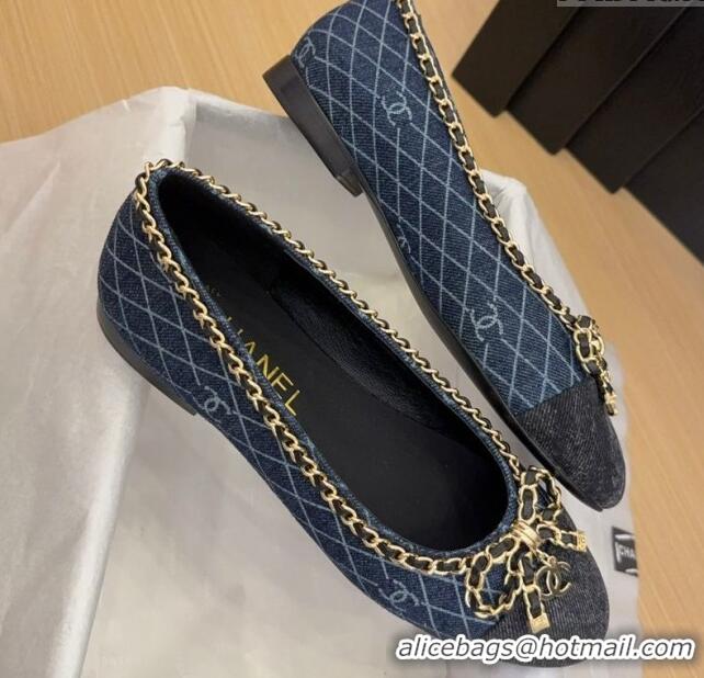Luxury Chanel Quilted Denim Ballet Flats with Chain Bow Dark Blue 2025 CH041605