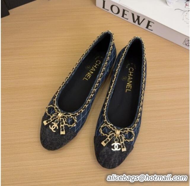 Luxury Chanel Quilted Denim Ballet Flats with Chain Bow Dark Blue 2025 CH041605