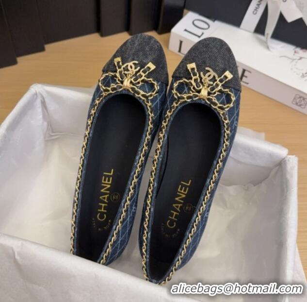 Luxury Chanel Quilted Denim Ballet Flats with Chain Bow Dark Blue 2025 CH041605