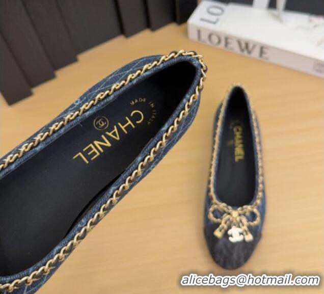 Luxury Chanel Quilted Denim Ballet Flats with Chain Bow Dark Blue 2025 CH041605