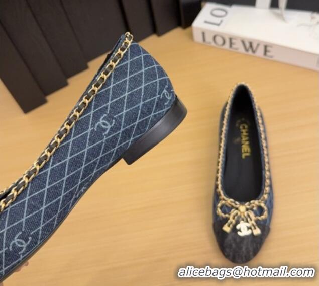 Luxury Chanel Quilted Denim Ballet Flats with Chain Bow Dark Blue 2025 CH041605